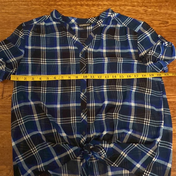 Express Small Blue Plaid Short Sleeve Button Up Sheer Top - Picture 5 of 6